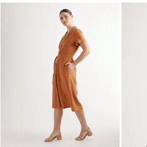 Quince Linen Button Front Dress sz M Women's Terracotta Orange Midi Belt PO